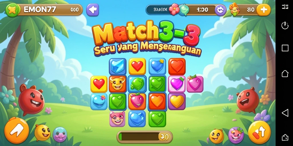 Screenshot gameplay EMON77 menampilkan aksi seru di level Match-3.