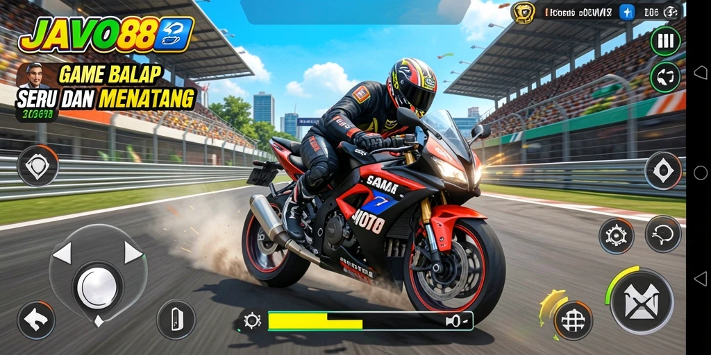 Screenshot utama JAVO88 menampilkan aksi balap motor yang mendebarkan.